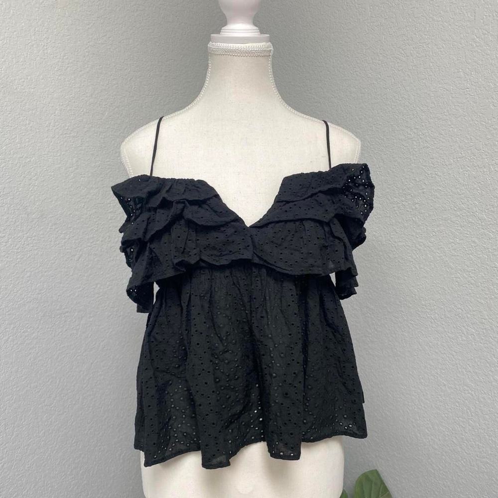 ZARA BLACK EYELET RUFFLE CAMI BABYDOLL TOP OPEN BACK DARK COQUETTE GRUNGE ALT